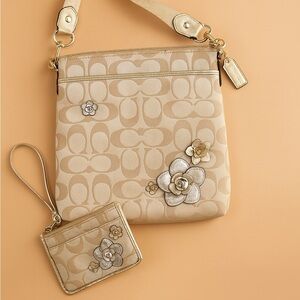 Coach Beige and Silver Floral Crossbody Bag Set